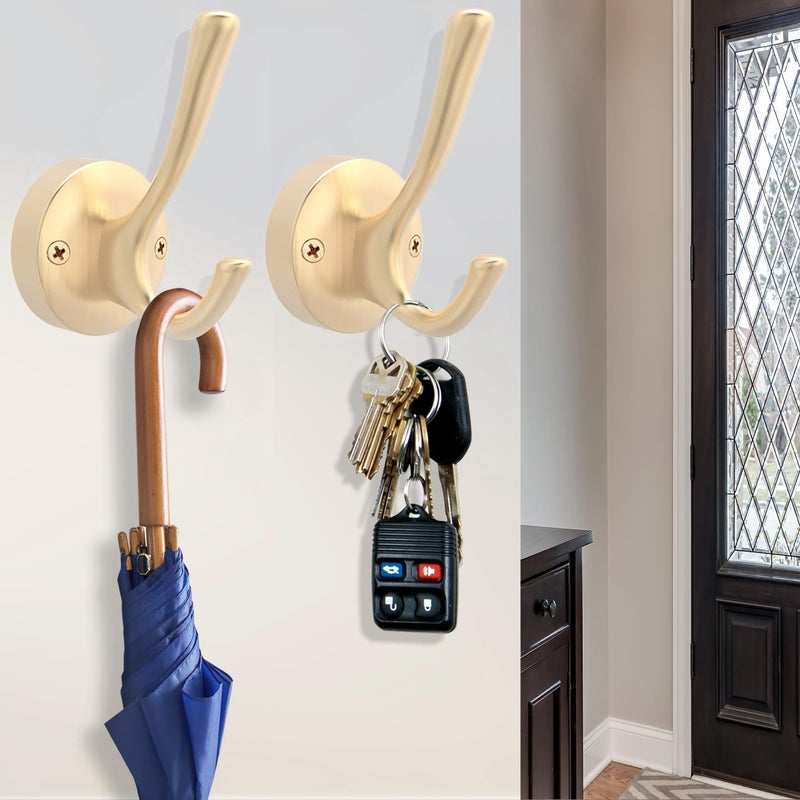 TOFIIGREM Gold Hat and Coat Hooks  4 Pack Heavy Duty Robe Hook Metal Double Backpack Hook Wall Mounted  Towel Hooks for Bathroom Entryway Cubicle Closet Garage - Image 3